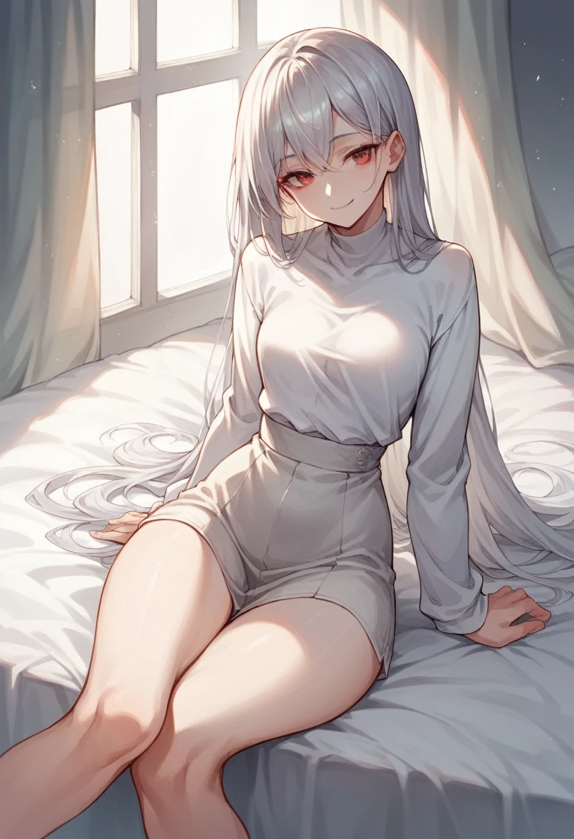 Girl sitting on bed(The girl has long silver hair Wearing a white shirt White skin tall With bangs Beautiful face Thin legs Small waist, slightly large chest Smiling Silver Hair Anime Style )