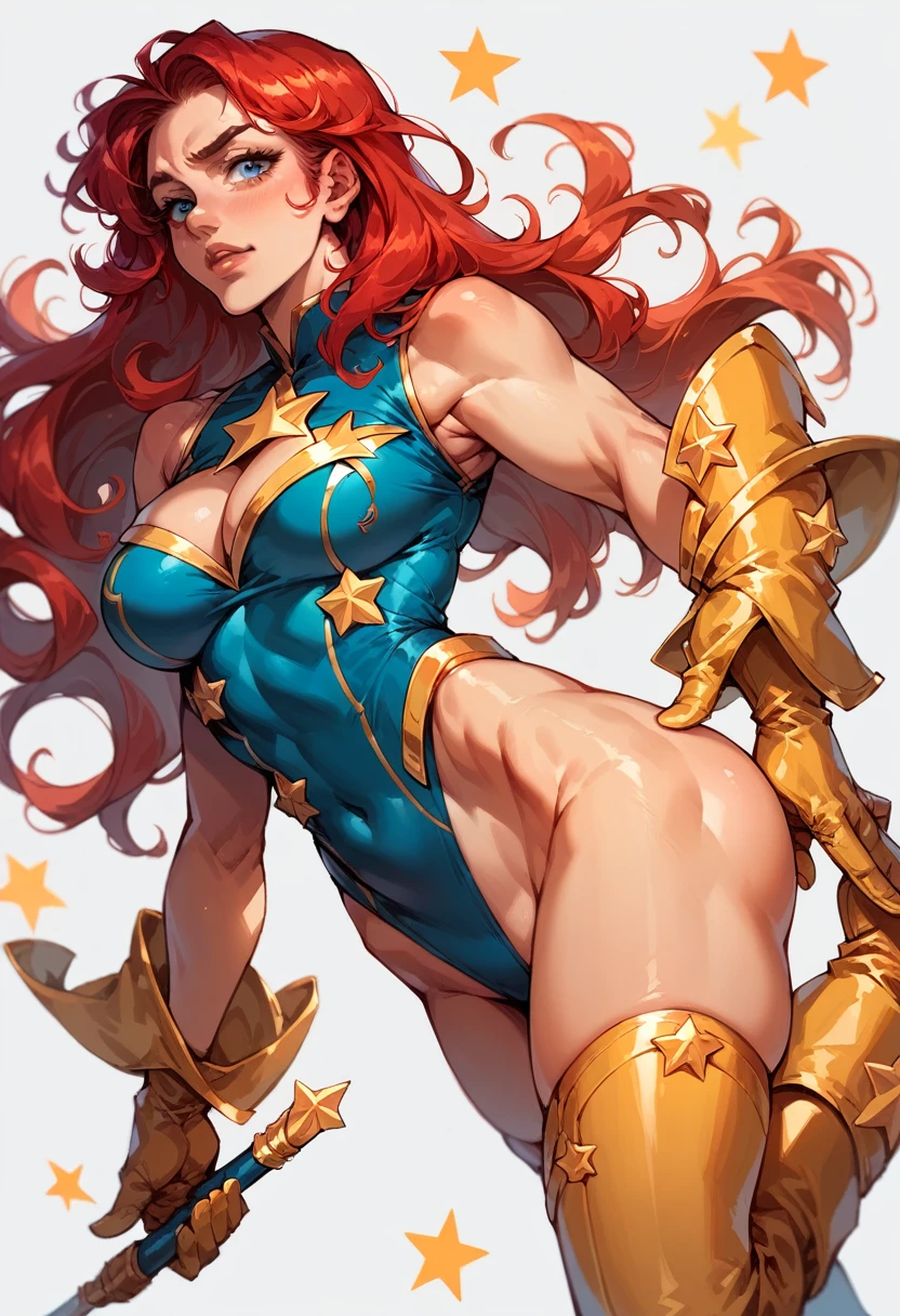 masterpiece,Sexy, Superheroine, Red hair, long hair, busty, ((blue highleg leotard with a t-back thong and a gold star insignia on chest)), gold boots, gold gloves, curvy, ((cleavage cutout)), anime, ((ass focus))