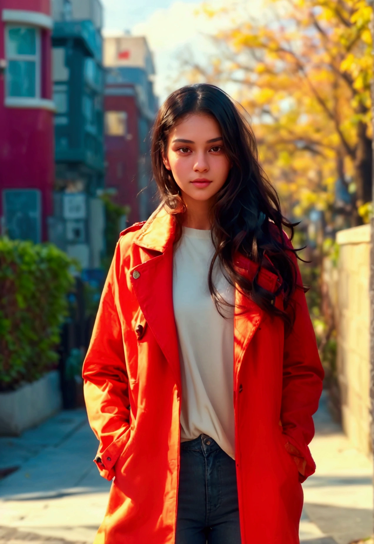 A realistic portrait of a young woman named Anika stepping out of her house in a well-maintained city neighborhood. She is dressed in stylish streetwear, including a fashionable coat, a fitted blouse, and skinny jeans, complemented by high heels. Her long, dark hair is styled in loose waves, and she has a confident and friendly expression. The background features well-kept buildings, clean streets, and trees lining the sidewalks. Natural lighting highlights her facial features, her outfit, and the vibrant city atmosphere.
