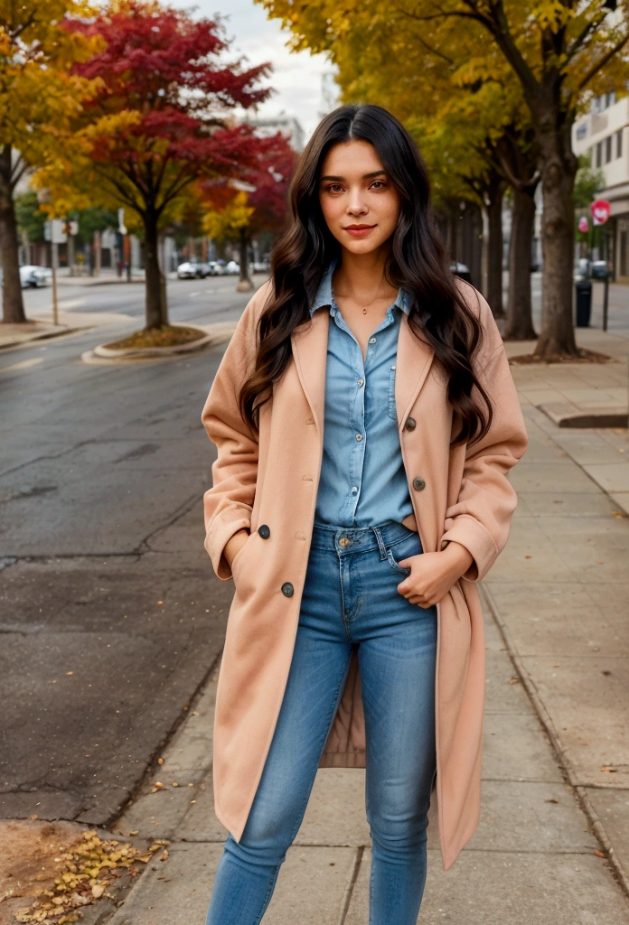 A realistic portrait of a young woman named Anika stepping out of her house in a well-maintained city neighborhood. She is dressed in stylish streetwear, including a fashionable coat, a fitted blouse, and skinny jeans, complemented by high heels. Her long, dark hair is styled in loose waves, and she has a confident and friendly expression. The background features well-kept buildings, clean streets, and trees lining the sidewalks. Natural lighting highlights her facial features, her outfit, and the vibrant city atmosphere.
