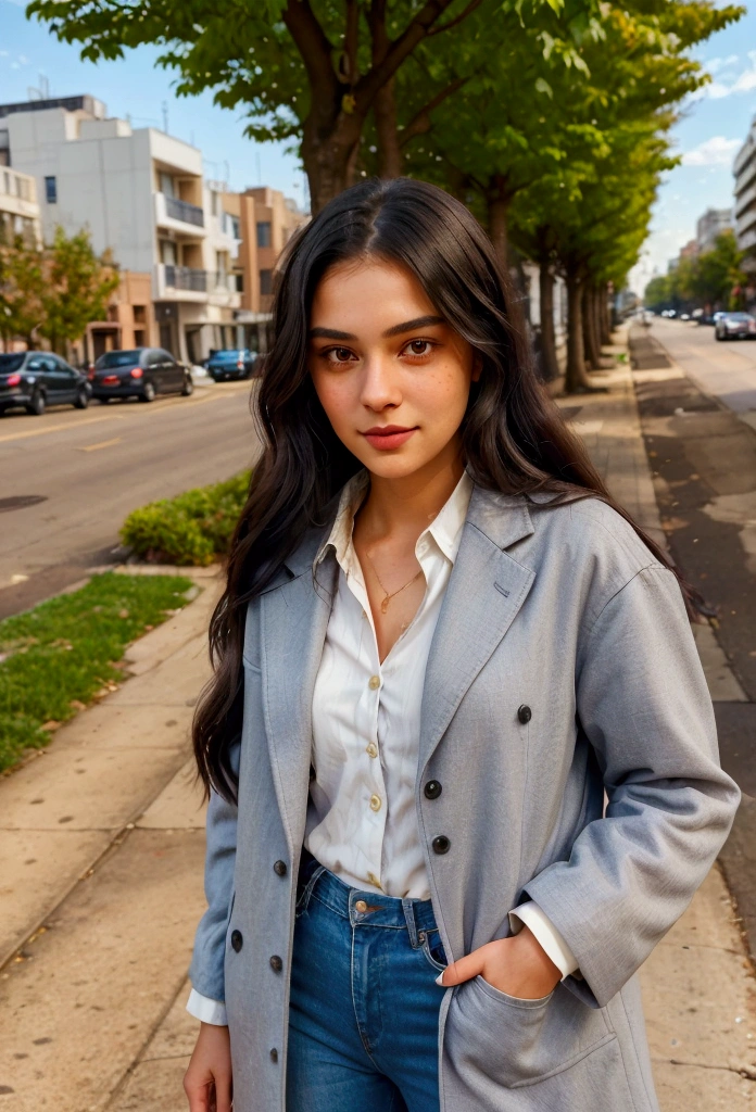 A realistic portrait of a young woman named Anika stepping out of her house in a well-maintained city neighborhood. She is dressed in stylish streetwear, including a fashionable coat, a fitted blouse, and skinny jeans, complemented by high heels. Her long, dark hair is styled in loose waves, and she has a confident and friendly expression. The background features well-kept buildings, clean streets, and trees lining the sidewalks. Natural lighting highlights her facial features, her outfit, and the vibrant city atmosphere.
