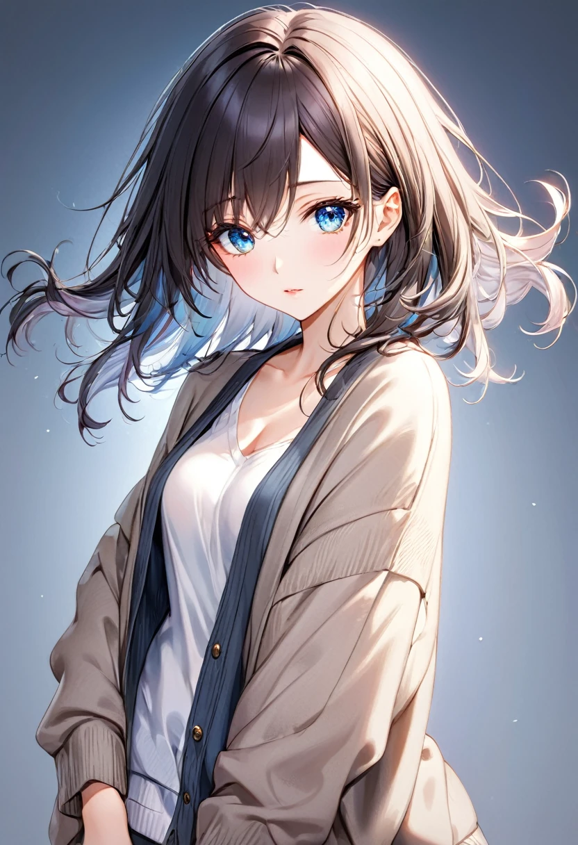 delicate and dynamic, 2.5D, the most beautiful woman in the world, beautiful hair, beautiful eyes, attractive and seductive expression, staring at me, wearing loose cardigan worn casually, great Proportions, beautiful effects, very clear work