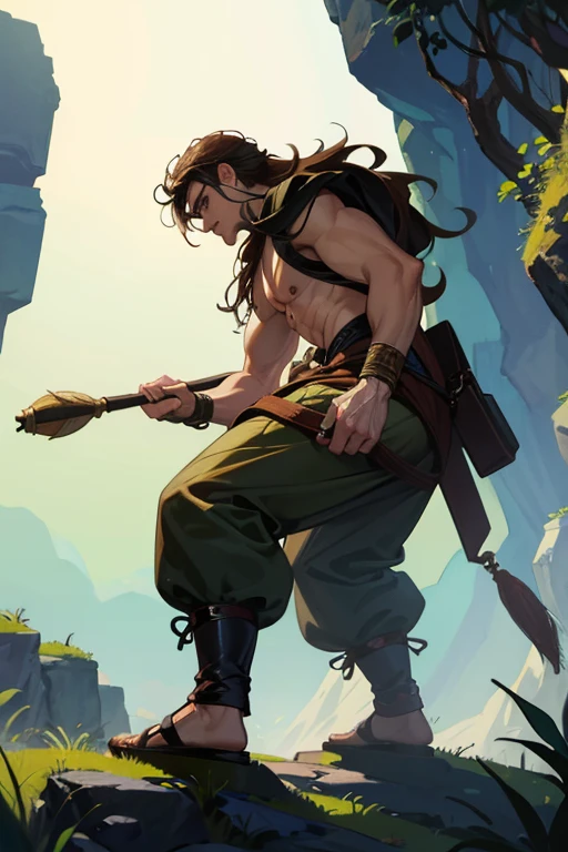 A man from the time of the cavemen standing and from a side angle
