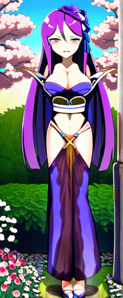 (masterpiece:1.37), best quality, (extremely detailed:1.37), (1girl:1.5), woman, (mature:1.5), (adult:1.5), large breasts, very long hair, (straight hair:1.5), (very dark purple hair:1.5), purple eyes, (extremely detailed eyes:1.37), (furisode:2.0), desperation, (wetting self:1.5), standing, embarrassed, humiliation, blushing, angry, cherry blossoms, garden, (golden hour:1.5), full body