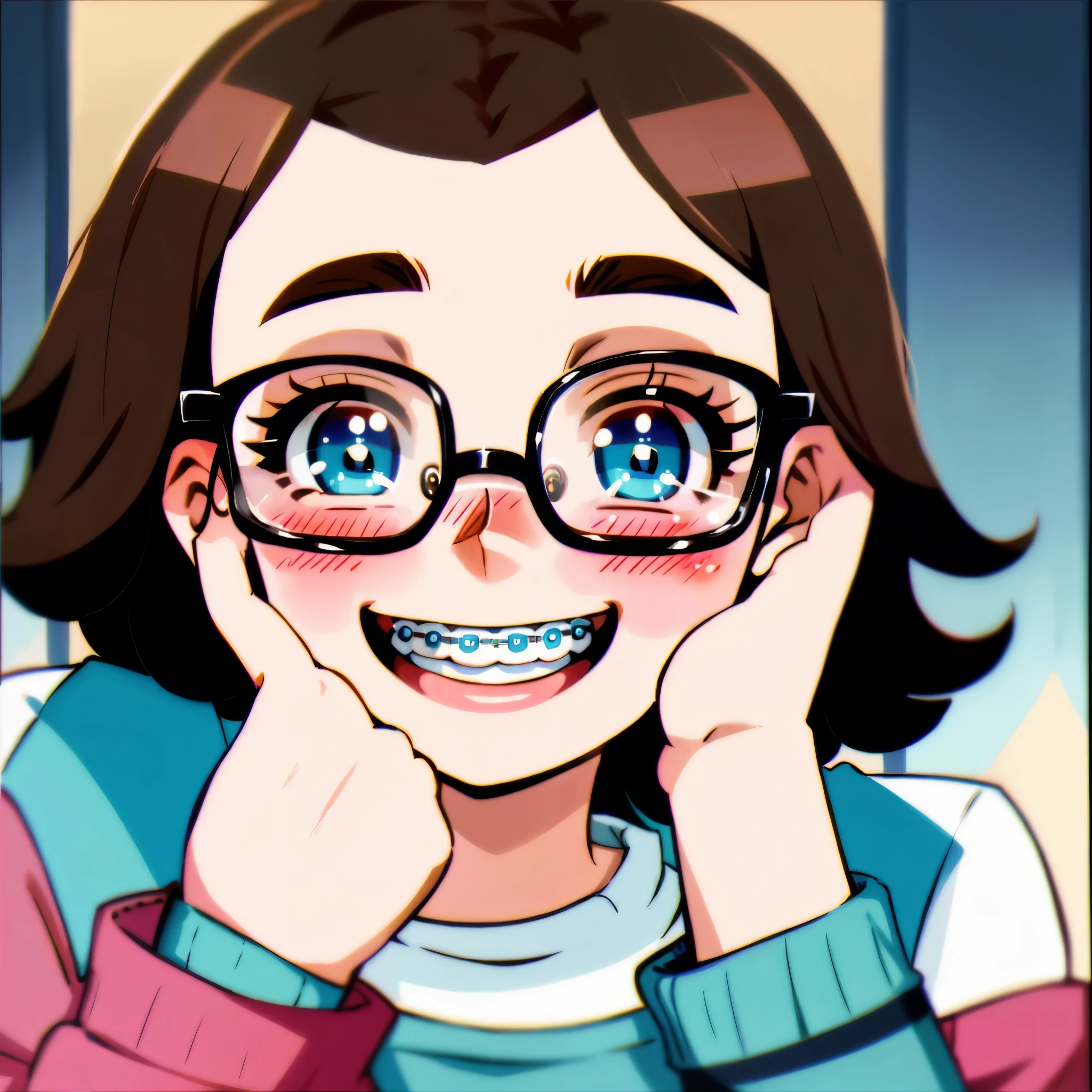 1girl, seductive eyes, braces, glasses, smiling, cute, face focus, blue eyes, blush, brown hair, best quality, masterpiece, highres