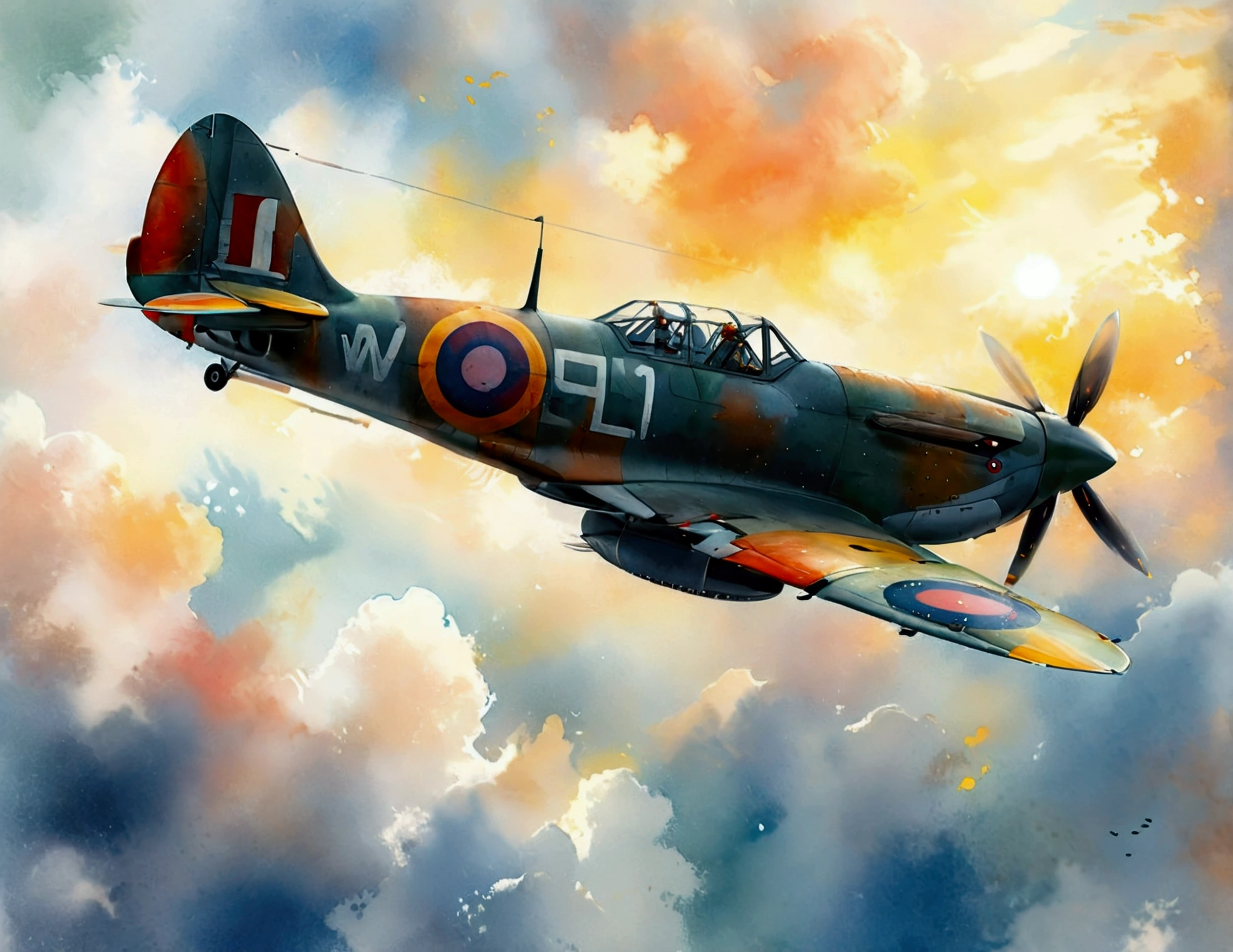world war 2 spitfire aircraft flying with blurred sky background. (watercolor), (minimalist style coloring) 