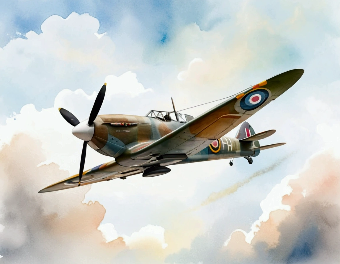 world war 2 spitfire aircraft flying with blurred sky background. (watercolor), (minimalist style coloring) 