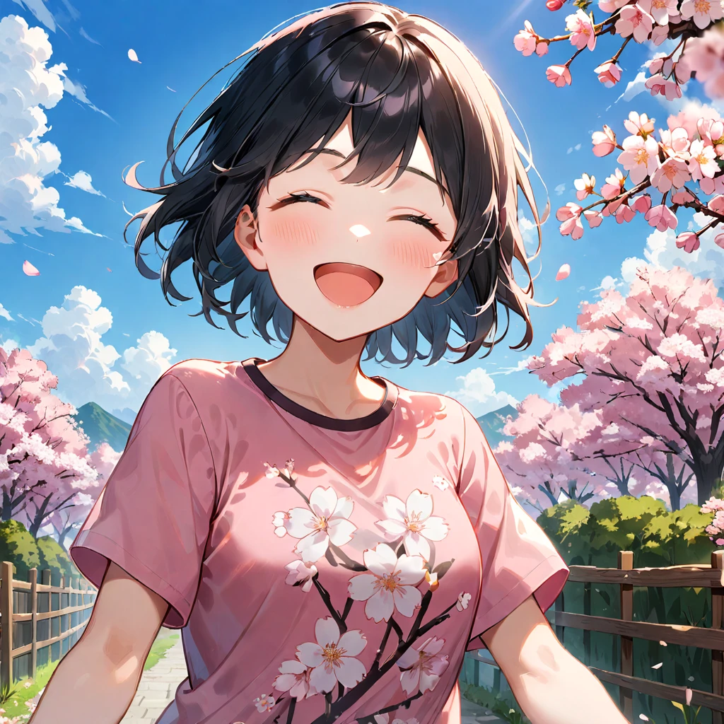 shirt, solo, closed eyes, smile, pink shirt, fence, open mouth, black hair, watermark, outdoors, 1girl, short hair, upper body, short sleeves, day, female focus, cherry blossoms, flower, print shirt, sky, arms straight, blue sky, t shirt, tree, cloud, pink flower, ((medium quality)), ((medium quality))