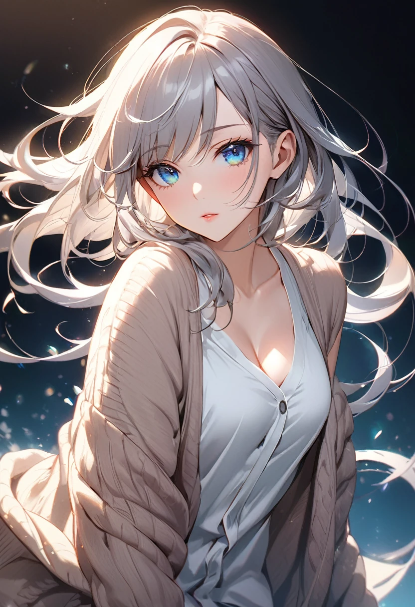 delicate and dynamic, 2.5D, the most beautiful woman in the world, beautiful hair, beautiful eyes, attractive and seductive expression, staring at me, wearing loose cardigan worn casually, great Proportions, beautiful effects, very clear work