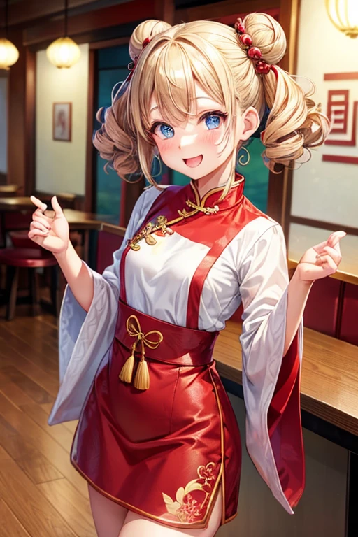 One girl,waitress,Blonde,Twin tails,Bun hairstyle,Curly Hair,short hair,Red Chinese clothing,Blue Eyes,blush,Mouth wide open,A very happy smile,Energetic girl,Girl with small,Small breasted girl,Small  Girls,,flat chest,Chinese restaurant,Flat ,Gorgeous interior