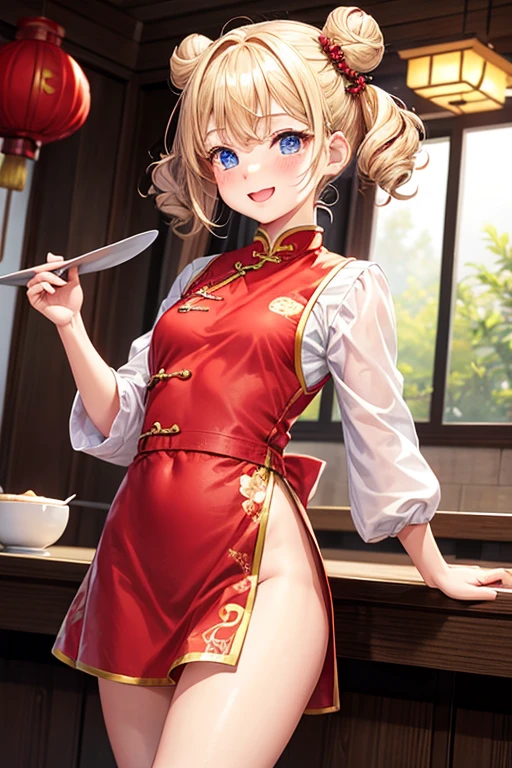 One girl,waitress,Blonde,Twin tails,Bun hairstyle,Curly Hair,short hair,Red Chinese clothing,Blue Eyes,blush,Mouth wide open,A very happy smile,Energetic girl,Girl with small,Small breasted girl,Small  Girls,,flat chest,Chinese restaurant,Flat ,Gorgeous interior