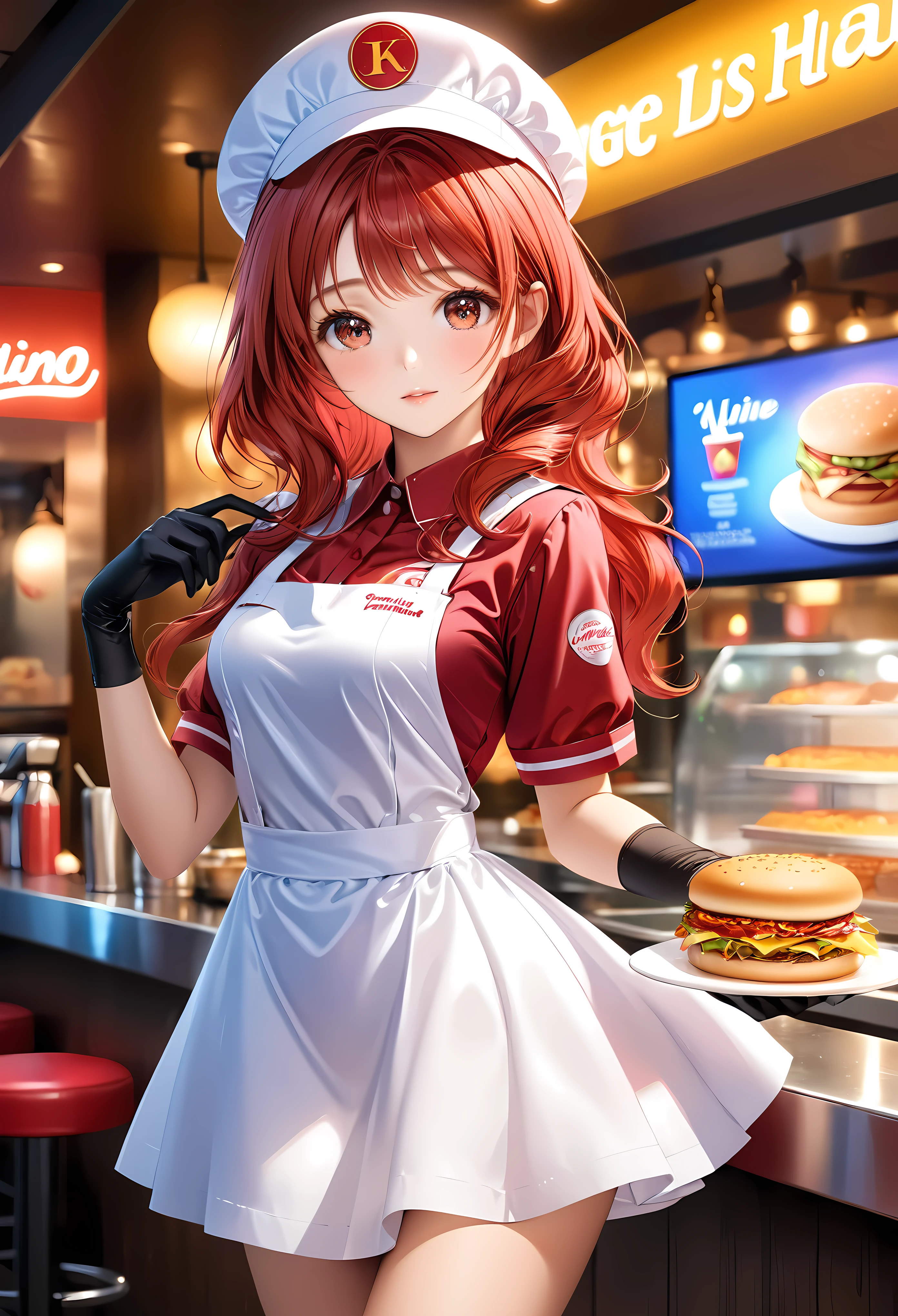 a beautiful fast food worker with bright brunette hair,freckles skin,detailed facial features,cute fast food waiter uniform,fast food worker hat,cutre pose,aesthetic fast food restaurant,neon light,fast food menu,delicious dessert,supermodel beauty,aquiline nose,best quality,8k,highres,masterpiece:1.2,ultra-detailed,realistic,photorealistic,photo-realistic:1.37,HDR,UHD,neon lighting,warm restaurant room,ultra-fine painting,sharp focus,physically-based rendering,extreme detail description,professional,vivid colors,bokeh,portrait | Rendered in ultra-high definition with UHD and retina quality, this masterpiece ensures anatomical correctness and textured skin with super detail. With a focus on high quality and accuracy, this award-winning portrayal captures every nuance in stunning 16k resolution, immersing viewers in its lifelike depiction. | ((pretty wavey red hair):1.1), ((fancy handgloves):1.1) | (((anatomical correctness))), (((perfect_fingers))), (((perfect_legs))), (((perfect_hands))), ((perfect_composition, perfect_design, perfect_layout, perfect_detail, ultra_detailed)), ((enhance_all, fix_everything)), More Detail, Enhance.