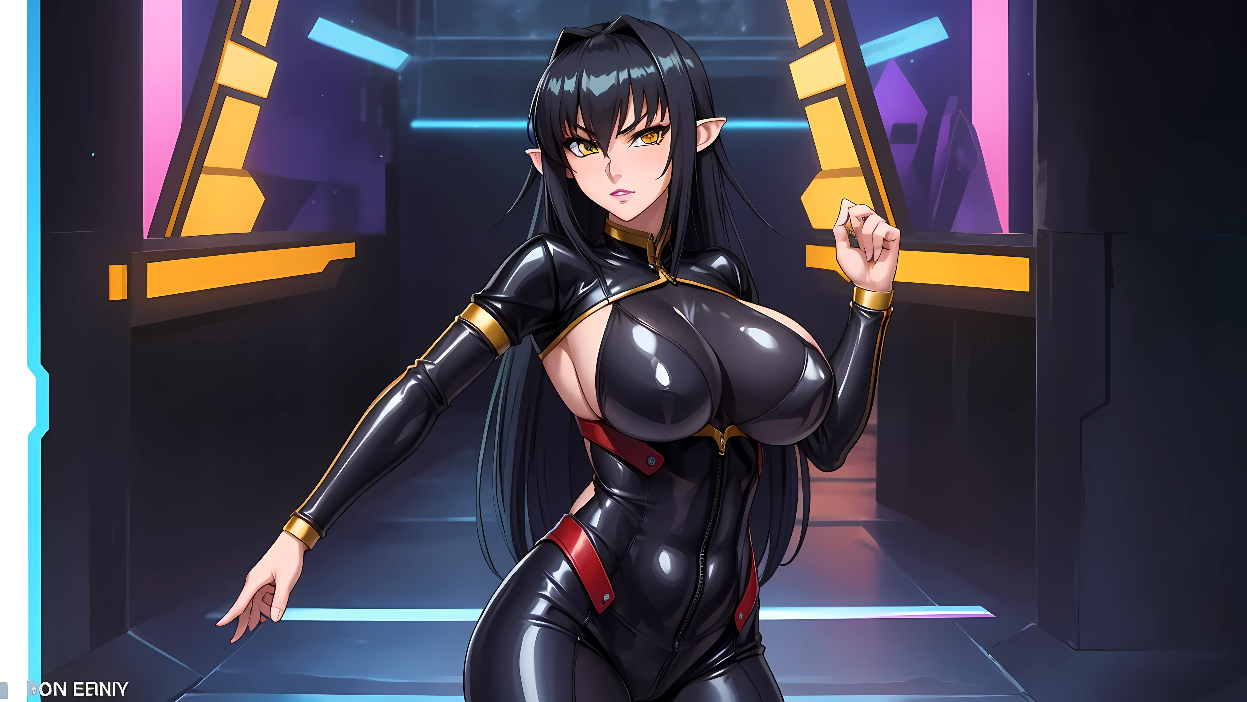 (high quality:1.1), intricate details, cinematic lighting, sharp focus, Annerose, 1girl, solo, standing, cowboy shot, looking at viewer, determined, very long hair, hair intakes, black hair, pointy ears, yellow eyes, pretty thick lipstick, (bodysuit:1.05), shiny clothes, huge breasts, (latex bra), (latex panties), character in center, anime screenshot, sharp shader, whore, lustful personality, anime screenshot, 16:9, professional art, super smooth and sharp shader, beautifuly done art