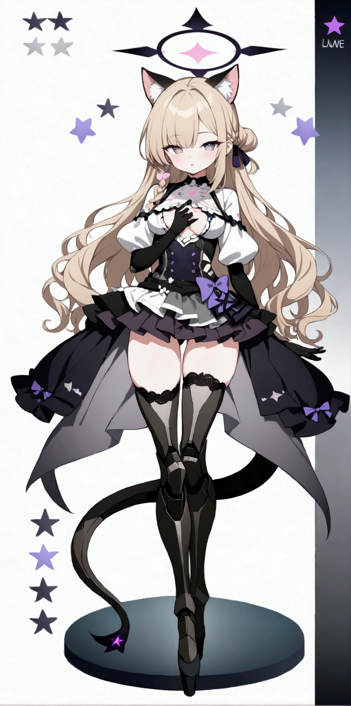 woman 170 cm tall. medium chest, wide hip, slim build, ((whole body)). (((character design sheet: front view))). (dark blonde hair, (hip-length wavy hair with asymmetrical bangs), (She has a short braid tied with an elegant purple bow on the left side of her hair above her chest). (She has a short braid tied with an elegant purple bow on the right side of her hair above her chest). She has small ribbons in the back of her hair..). ((Gray eyes with a pink 4-pointed star in the pupil.)). Two black and purple serval ears located on the top of the head. (Luminous black halo with purple star patterns above his head). He has a black collar with a heart emblem on his neck.. (Elegant one-piece long dress with lace and ruffle thigh-high skirt, ribbon decorations and star patterns on the dress). black gloves, beautiful black platform heels. gray belt at the waist with a large ribbon with a luminous pink heart in the middle. (It has a beautiful succubus tail with a small purple star on the tip.). ((It has complex mechanical legs that reach up to the thighs and are black with small purple details..)). beautiful detailed hair, beautiful detailed dress. extremely detailed arms. extremely detailed face, small face, Beautiful detailed eyes, beautiful detailed lips. adorable. extremely detailed legs. (Best Quality, 4k, high resolution), ultra detailed, Exquisite and epic character art., ((White background)). (Focus on symmetry).