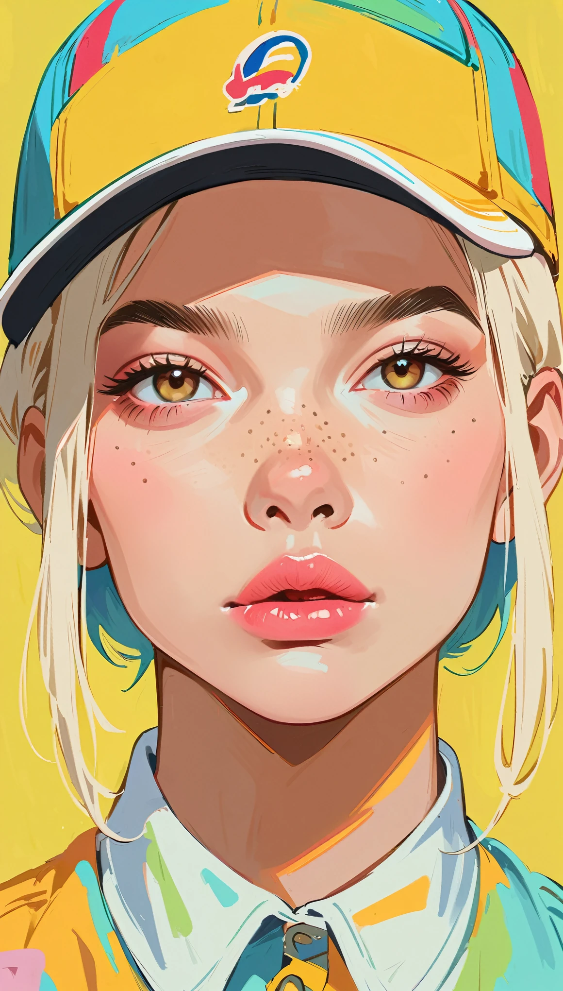 (masterpiece、Highest quality: 1.2)、1 girl、Lonely、Anime Style、Blonde、Pink Lips、Freckles、Baseball cap、In the style of a leading portraitist、Yellow background。