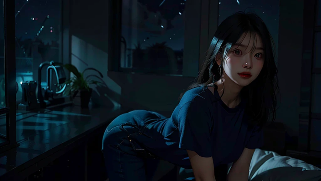 (photo-realistic:1.3)
(1girl), (30yo), mature, (blue room:1.1), (rim lighting:1.3), (dimly lit:1.3), (dark night:1.3), indoors, long hair,
masterpiece