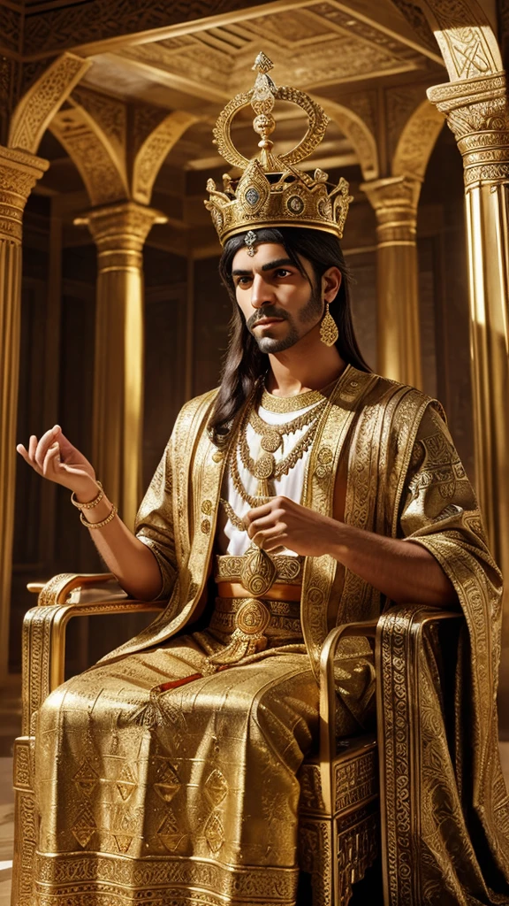 Create an image of a distinguished king in royal garments with a crown adorned with the Faravahar symbol. The setting should include Zoroastrian temples and elements of ancient Persian architecture.
