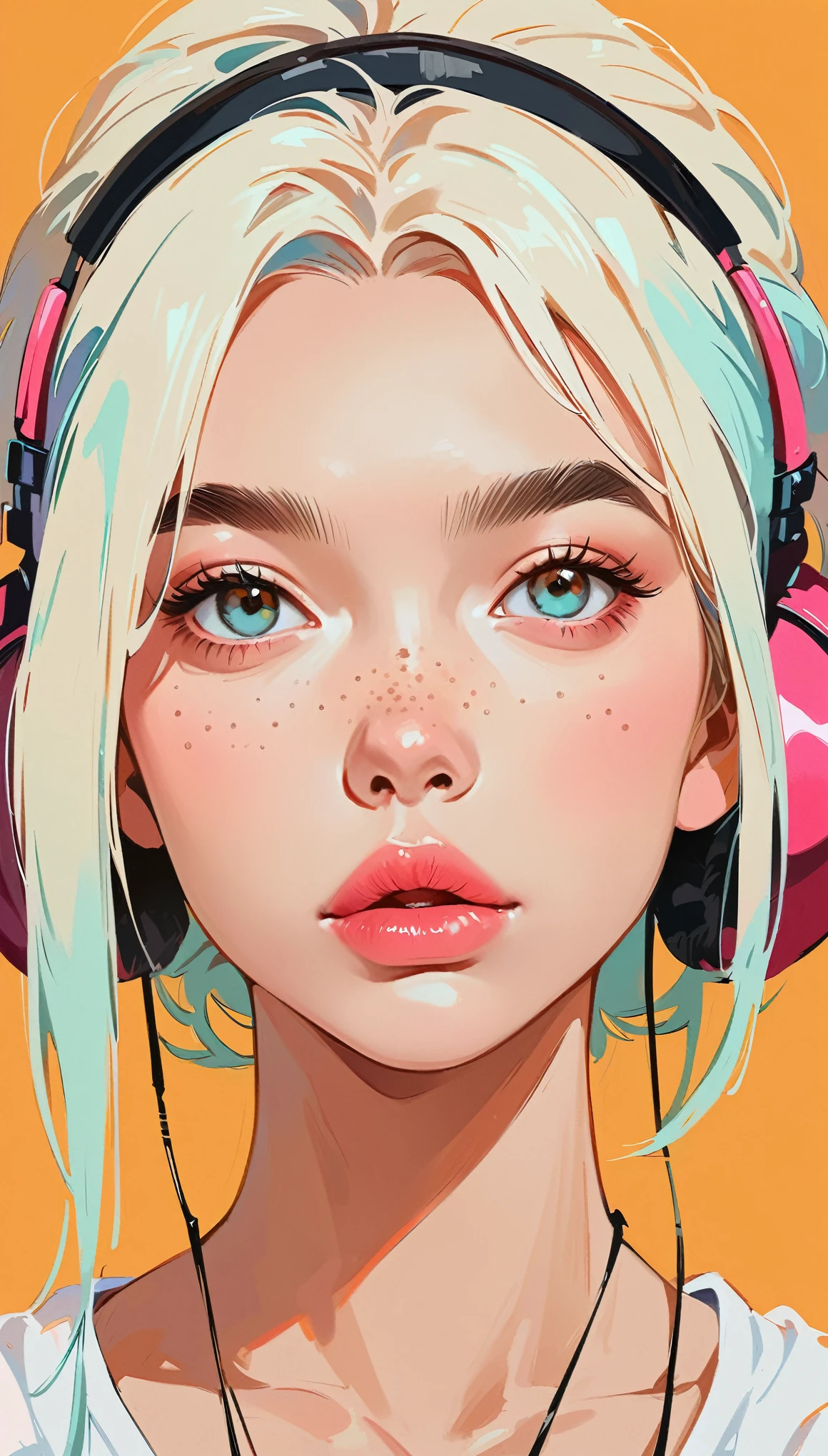 (masterpiece、Highest quality: 1.2)、1 girl、Lonely、Anime Style、Blonde、Pink Lips、Freckles、Headphones、In the style of a leading portraitist、Orange background。