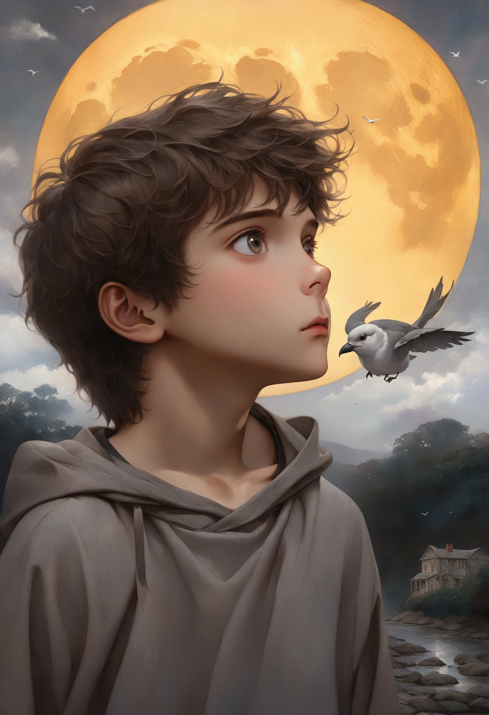 painting of a boy looking up at a bird flying in front of a full moon, novel cover art for a book, young adult fantasy novel cover, inspired by Lucas Graciano, fantasy book cover painting, cover illustration, douglas smith, portrait of merlin, fantasy genre portrait, by Jason Felix, book cover illustration, concept art of single boy, graphic novel cover art