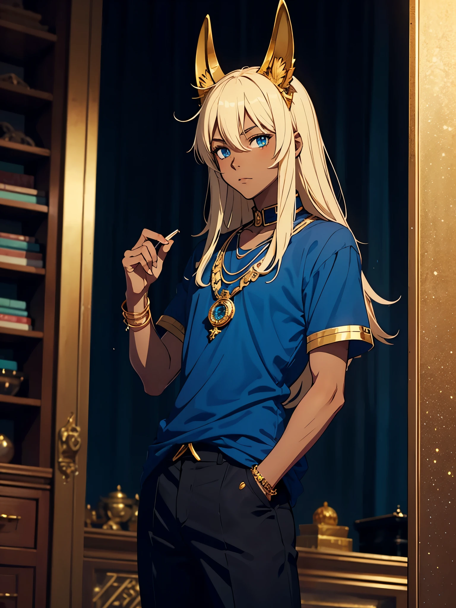 More anime style. cutie pie. アニメ! . Egyptian deity Anubis. Egyptian blue clothing. Blue clothes.  long blond hair. Lots of gold jewelry. dark skin. Egyptian. dazzling blue eyes. mystical. divine.