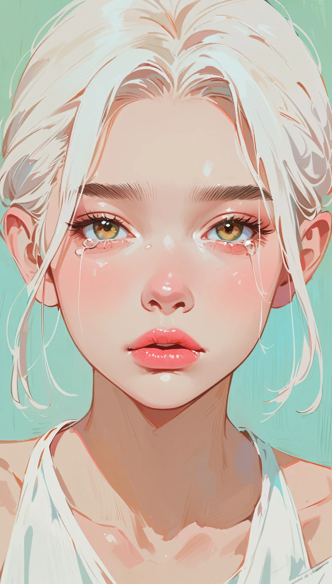 (masterpiece、Highest quality: 1.2)、1 girl、Lonely、Anime Style、White Hair、Pink Lips、Elf、sad、tears、In the style of a leading portraitist、Light blue background。