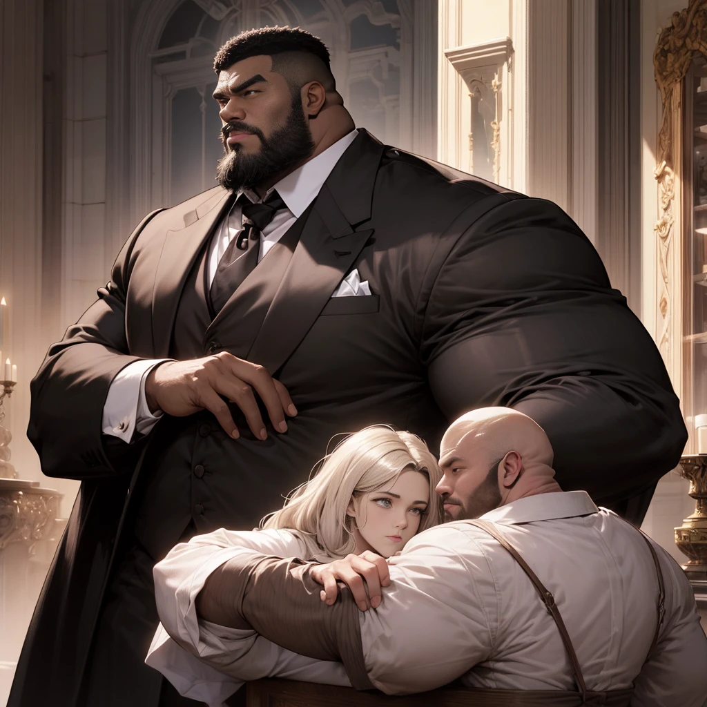 American man、dark skin color、big body、strong beard、Very large body、Very large muscles、wearing a black long-sleeved tuxedo、6 pack、Crisp face、Muscle Pose、detailed crotch、and draw the whole body、Bald head、Plump crotch、Lack of hair、禿げた頭、スキンヘッド
