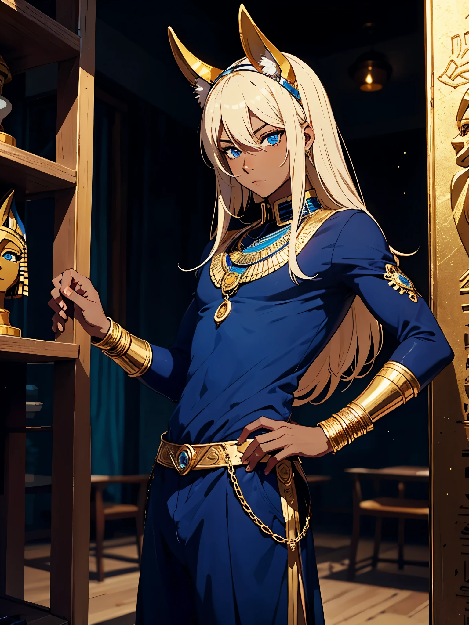 More anime style. cutie pie. アニメ! Teenage boy. Egyptian deity Anubis. Egyptian blue clothing. Blue clothes. long blond hair. Lots of gold jewelry. dark skin. Egyptian. dazzling blue eyes. mystical. divine.