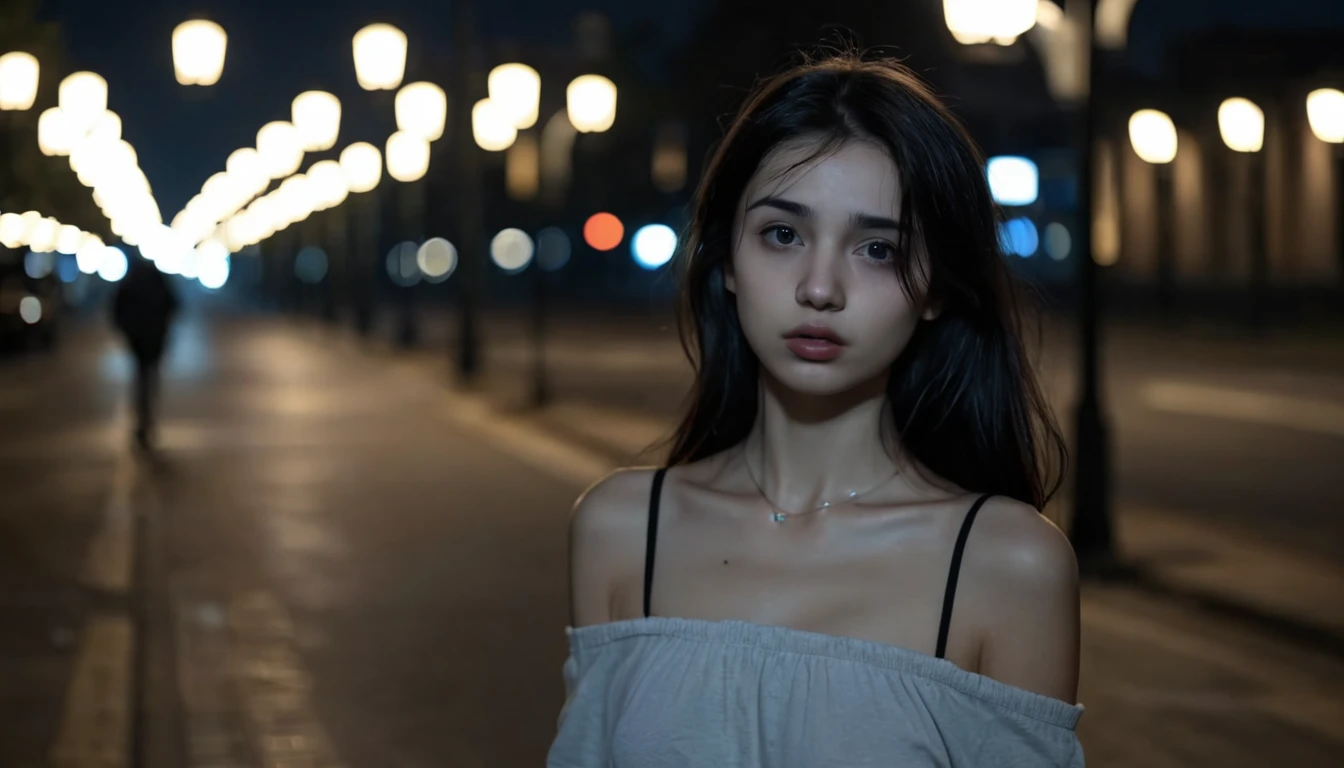 solo,realistic,lips,black hair,collarbone,closed mouth,Beside the outdoor street,the dim light of the street lamps at night shines on one side of the face,1girl,absurdres,(Looking at the camera:1.2),4k