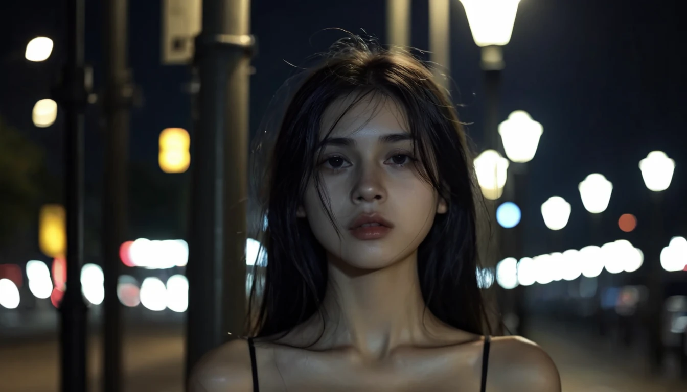 solo,realistic,lips,black hair,collarbone,closed mouth,Beside the outdoor street,the dim light of the street lamps at night shines on one side of the face,1girl,absurdres,(Looking at the camera:1.2),4k