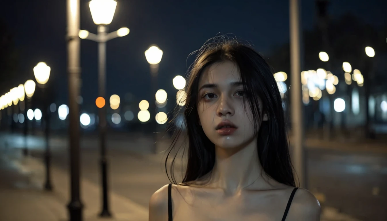 solo,realistic,lips,black hair,collarbone,closed mouth,Beside the outdoor street,the dim light of the street lamps at night shines on one side of the face,1girl,absurdres,(Looking at the camera:1.2),4k