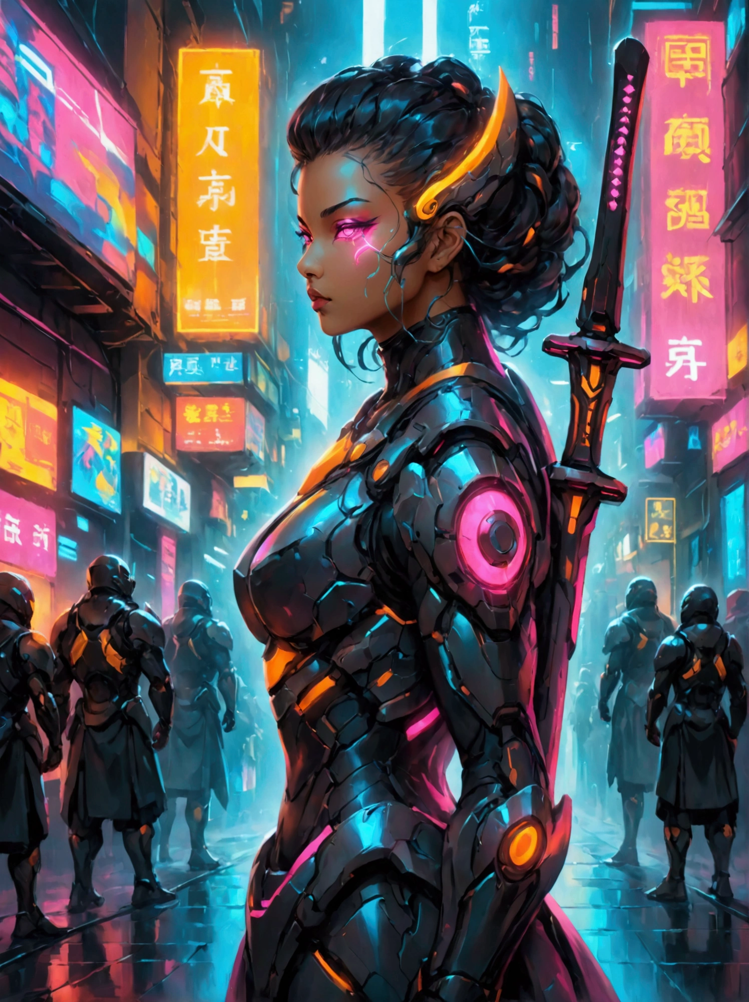 A futuristic warrior, resplendent in glowing armor of vibrant neon shades, stands poised in an active, dynamic stance. The warrior, whose descent is South Asian and gender is female, grasps a light-emanating sword with an air of readiness and intensity. The scene captures the aesthetics of cyberpunk, painted digitally with bold, adventurous brush strokes that mimic the flow and urgency of the situation. Billows of energy erupt around her, as if the city nightscape itself is reacting to her presence. It's a whirlwind of luminosity and avant-garde futurism, encapsulating a cyberpunk warrior's resolve in the face of adversity