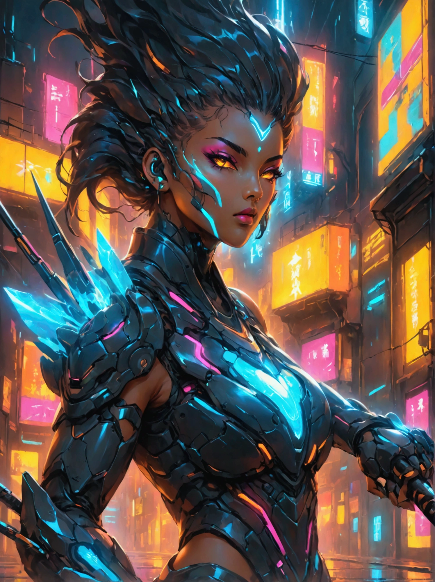 A futuristic warrior, resplendent in glowing armor of vibrant neon shades, stands poised in an active, dynamic stance. The warrior, whose descent is South Asian and gender is female, grasps a light-emanating sword with an air of readiness and intensity. The scene captures the aesthetics of cyberpunk, painted digitally with bold, adventurous brush strokes that mimic the flow and urgency of the situation. Billows of energy erupt around her, as if the city nightscape itself is reacting to her presence. It's a whirlwind of luminosity and avant-garde futurism, encapsulating a cyberpunk warrior's resolve in the face of adversity