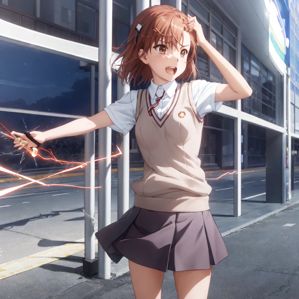 superior_Mikoto, One Girl, alone, School_uniform, tokiwadai_School_uniform, smile,sweater_Best, masterpiece,Electric current is flowing through the body,skirt, brown_sweater_Best,Laughter、Schools、A girl wearing electric shocks,Blitzkrieg,vending machine
