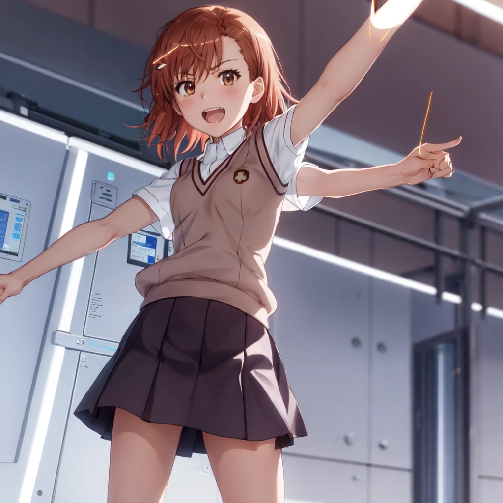 superior_Mikoto, One Girl, alone, School_uniform, tokiwadai_School_uniform, smile,sweater_Best, masterpiece,Electric current is flowing through the body,skirt, brown_sweater_Best,Laughter、Schools、A girl wearing electric shocks,Blitzkrieg,vending machine