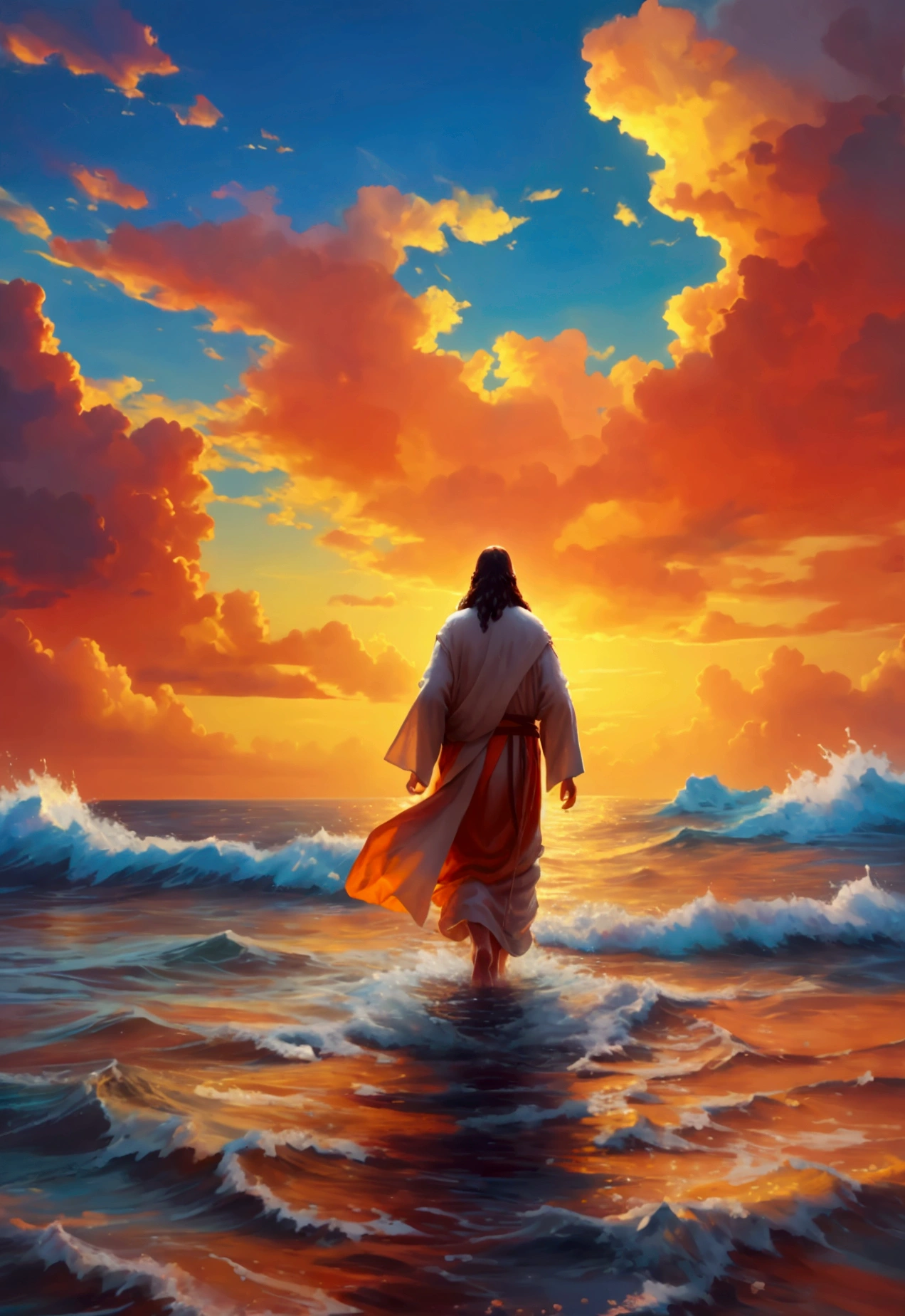 JesusChrist, Walking on the water, hyper realist, 8K, detailded.