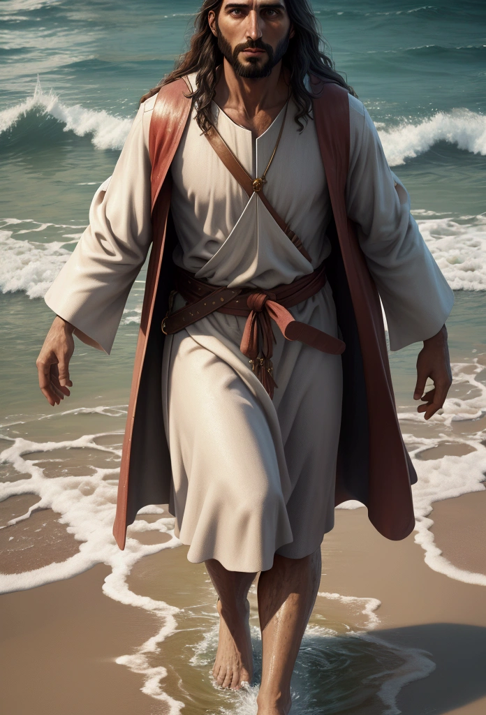 JesusChrist, Walking on the water, hyper realist, 8K, detailded.