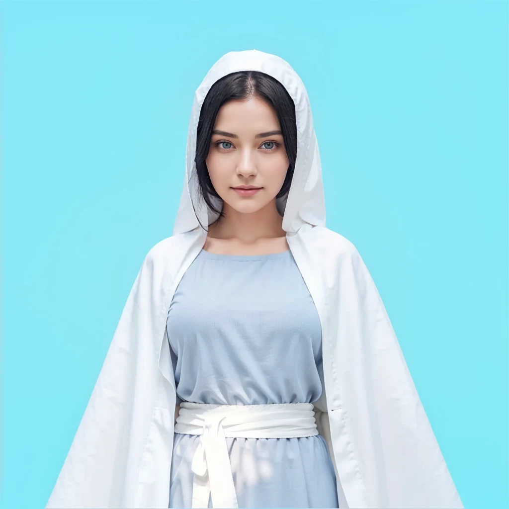 Beautiful woman with light blue eyes, black hair, serene face with a slight smile, wears a white cloak, wears a gray tunic with wide, long sleeves adjusted at the waist by a white sash.