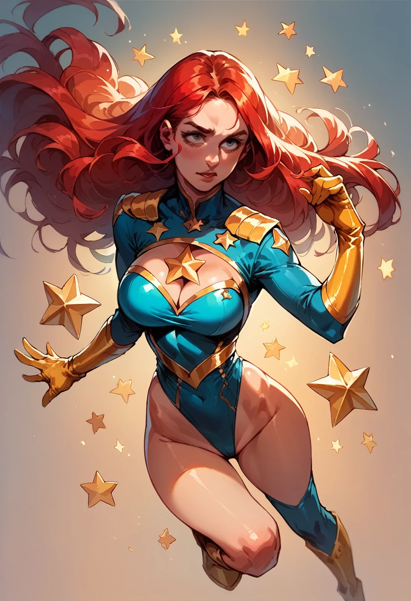 masterpiece,Sexy, Superheroine, Red hair, long hair, busty, ((blue highleg leotard with a t-back thong and a gold star insignia on chest)), gold boots, gold gloves, curvy, ((cleavage cutout)), anime,
