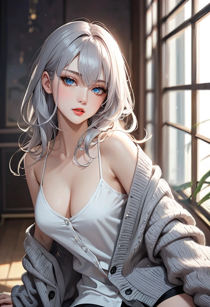 delicate and dynamic, 2.5D, the most beautiful woman in the world, beautiful hair, beautiful eyes, attractive and seductive expression, staring at me, wearing loose cardigan worn casually, great Proportions, beautiful effects, very clear work