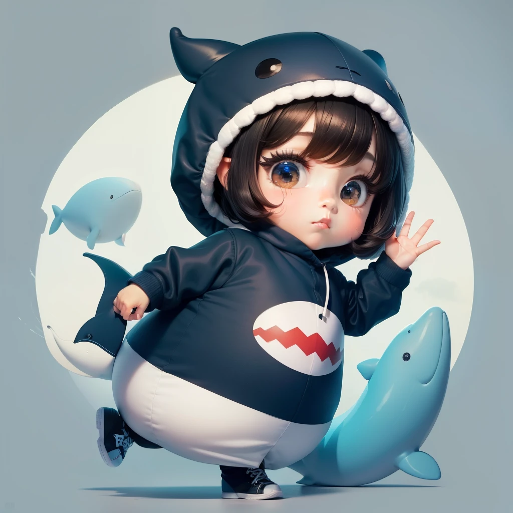 High quality,Masterpiece, Chibi, Nerdrooid, Mega Mini, hat, Whale costume, have dark hair, Bob hairstyle,