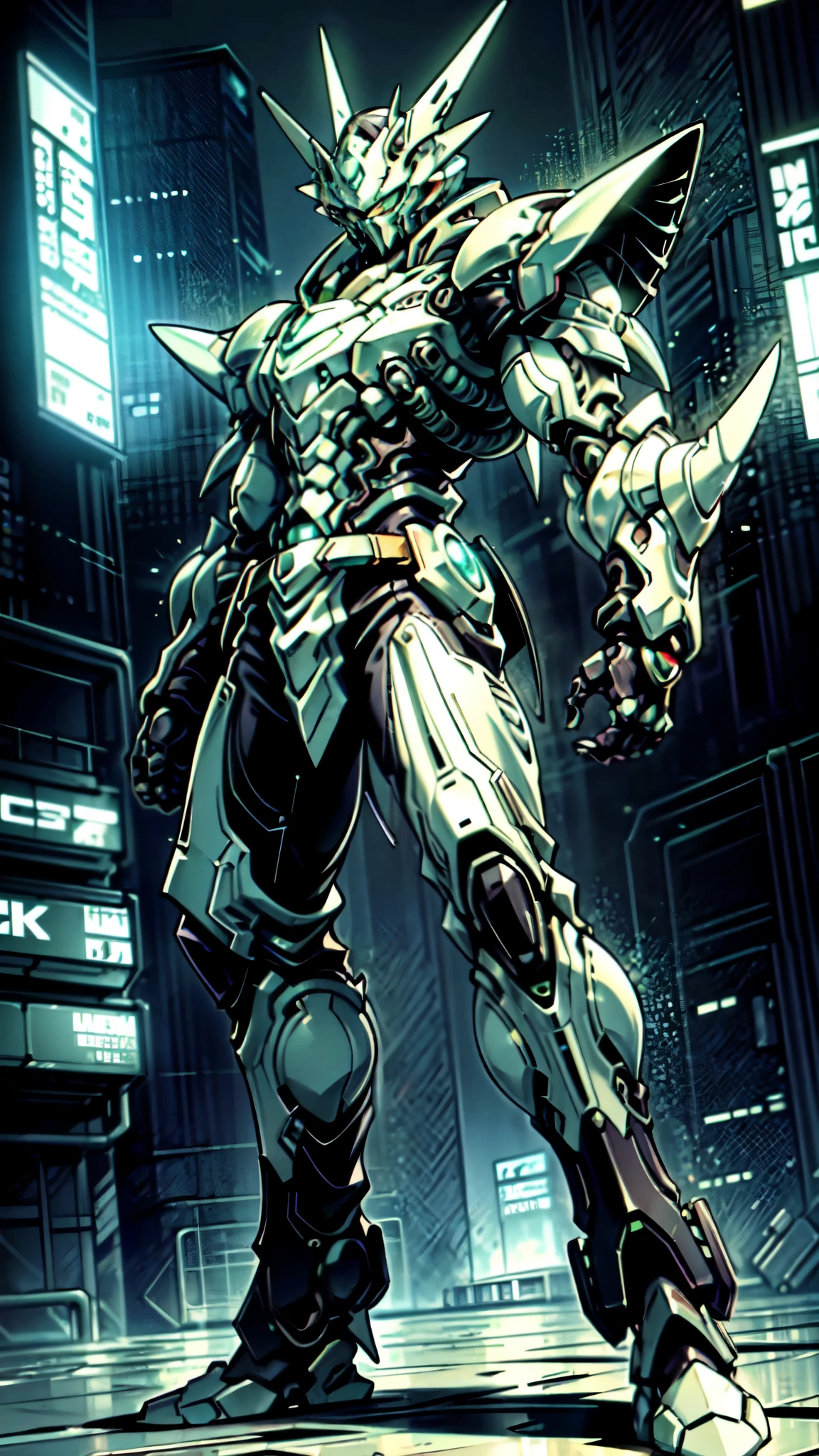 (masterpiece:1.5, best quality:1.5, extremely delicate:1.5, foreshortening:1.5, dynamic angle:1.5), a man wearing a full-face helmet, a fantasy-style biotech armored combat suit, green eyes, (a composite layered chest armor), fully enclosed shoulder guards, matching arm and leg guards, the belt is adorned with neon circuitry, (the color scheme is primarily black glow with green and red accents), the design balances heavy with agility, a high-tech bio-mecha armor, (Armor Concept Inspired by neon Cyberpunk, stand on the top of a skyscraper in a futuristic sci-fi city), this character embodies a finely crafted fantasy-surreal style armored hero in anime style, exquisite and manga art style, (element, plasma, energy, the armor glows), ((male:1.5)), metallic, high definition, highres, ultra-detailed, ultra-fine painting, professional, perfect body proportions, golden ratio, anatomically correct, symmetrical face, extremely detailed eyes and face, high quality eyes, creativity, RAW photo, UHD, 32k, Natural light, cinematic lighting, masterpiece-anatomy-perfect