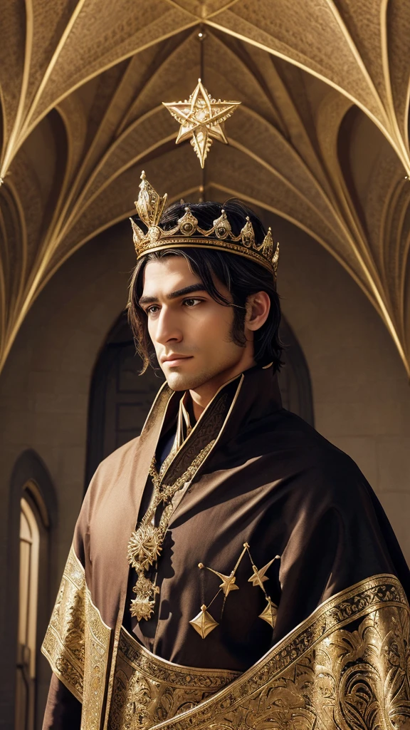 Depict a noble king in elegant attire with a crown featuring the nine-pointed star symbol. The background should include Baha'i temples and harmonious landscapes.