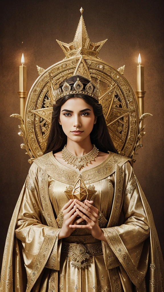 Depict a noble king in elegant attire with a crown featuring the nine-pointed star symbol. The background should include Baha'i temples and harmonious landscapes.