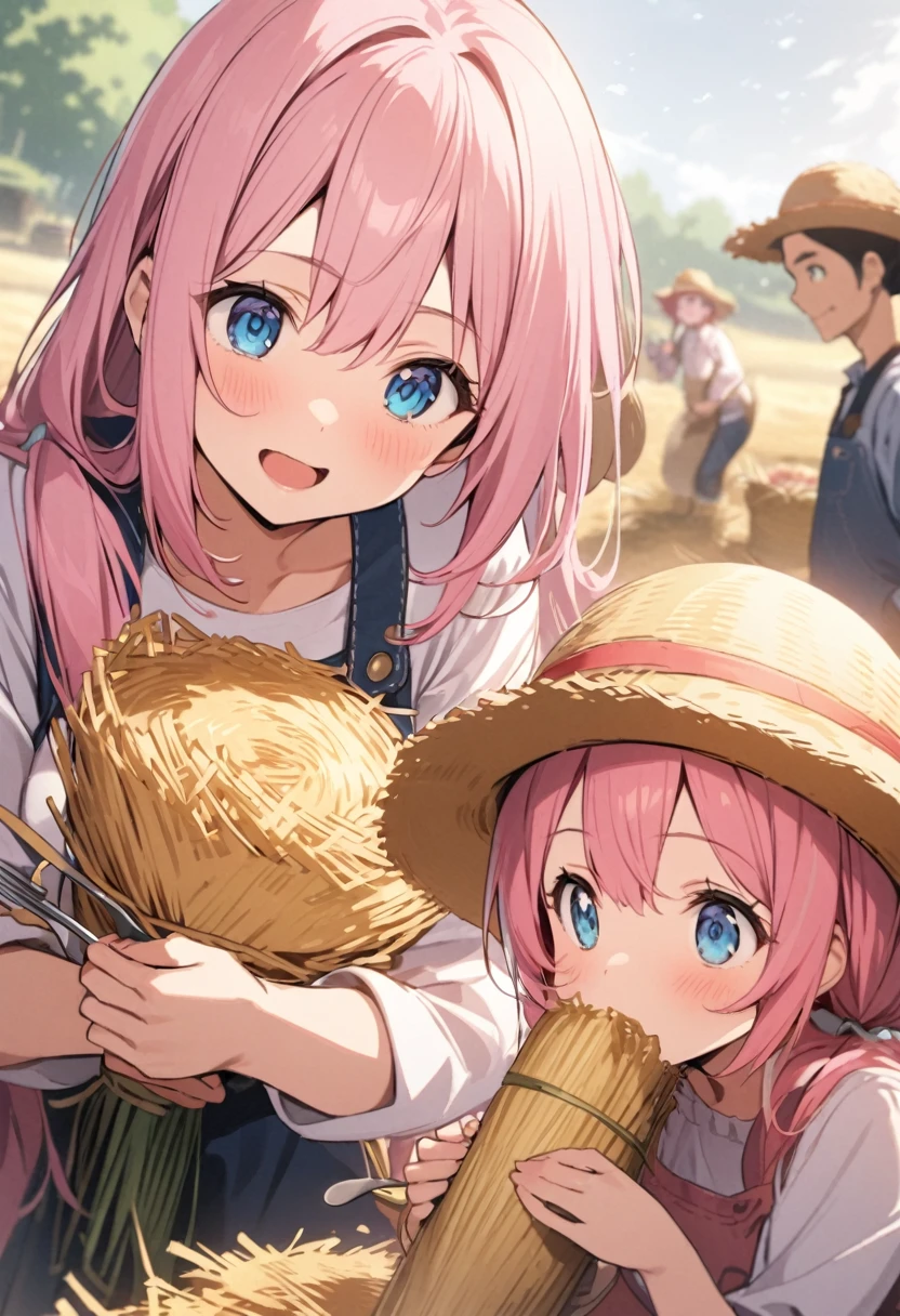 farmer、fork、Bundles of straw、Pink haired woman、blue eyes