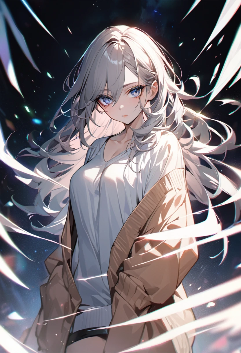 delicate and dynamic, 2.5D, the most beautiful woman in the world, beautiful hair, beautiful eyes, attractive and seductive expression, staring at me, wearing loose cardigan worn casually, great Proportions, beautiful effects, very clear work