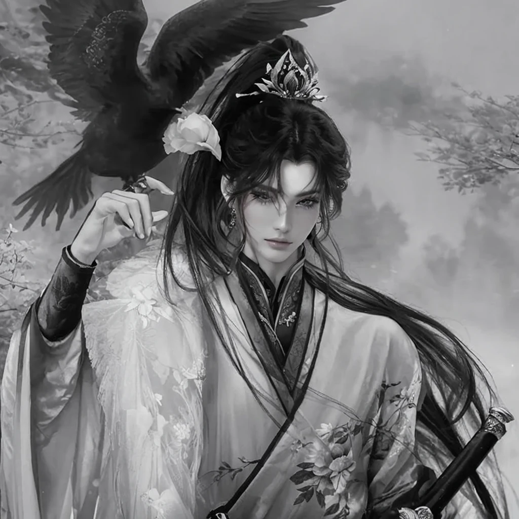 (highest quality,8k,CG),Upper body details, Adult male、,Floral forest background,Complex facial features,Elegant long pink hair,big, Almond-shaped purple eyes,Detailed eye makeup,Long eyelashes,、Twinkling Star,Exquisite lip detail,Soft and harmonious style.
