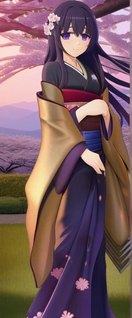 (masterpiece:1.37), best quality, (extremely detailed:1.37), (1girl:1.5), woman, (mature:1.5), (adult:1.5), large breasts, very long hair, (straight hair:1.5), (very dark purple hair:1.5), purple eyes, (extremely detailed eyes:1.37), (furisode:2.0), desperation, (wetting self:1.5), standing, embarrassed, humiliation, blushing, angry, cherry blossoms, garden, (golden hour:1.5), full body