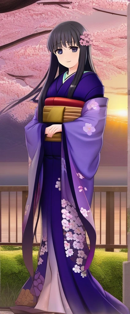 (masterpiece:1.37), best quality, (extremely detailed:1.37), (1girl:1.5), woman, (mature:1.5), (adult:1.5), large breasts, very long hair, (straight hair:1.5), (very dark purple hair:1.5), purple eyes, (extremely detailed eyes:1.37), (furisode:2.0), desperation, (wetting self:1.5), standing, embarrassed, humiliation, blushing, angry, cherry blossoms, garden, (golden hour:1.5), full body