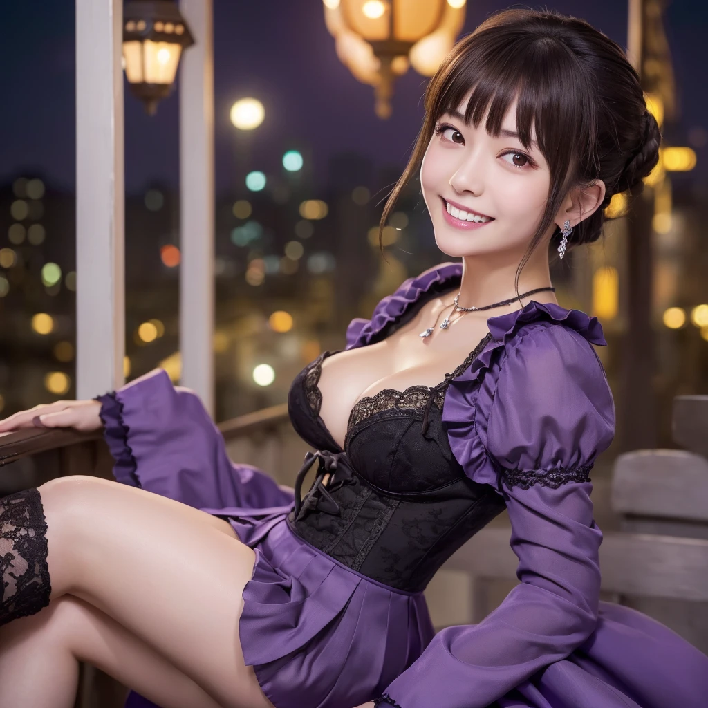 girl, White skin, ((Dark brown short tiered hair)), V cut with layers and bangs, Brown eyes, Soft atmosphere characteristics (Highest quality, Ultra-high resolution, 8K, RAW Photos, Ultra-high resolution: 1.2, masterpiece: 1.3), (Realistic, Realistic: 1.37), Very detailed, Professional Lighting, Photon Mapping, Radio City, 物理ベースレンダring, One Girl, (high school girl), Sharp focus:1.2、Beautiful woman:1.4,cute, Nice, Adorable smile, Normal chest, Cross Necklace、Earrings、ring,(Cleavage)、((Dark brown short hair),Gothic ta Fashion, (((Stay Night, Violet Evergarden))),(A cute toothy smile),Japanese cityscape at night,Tokyo,whole body 身長170cm 体重38Kg 座って足を開く High heels