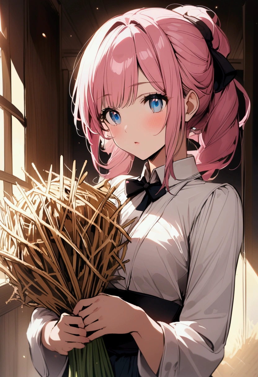 farmer、fork、Bundles of straw、Pink haired woman、blue eyes